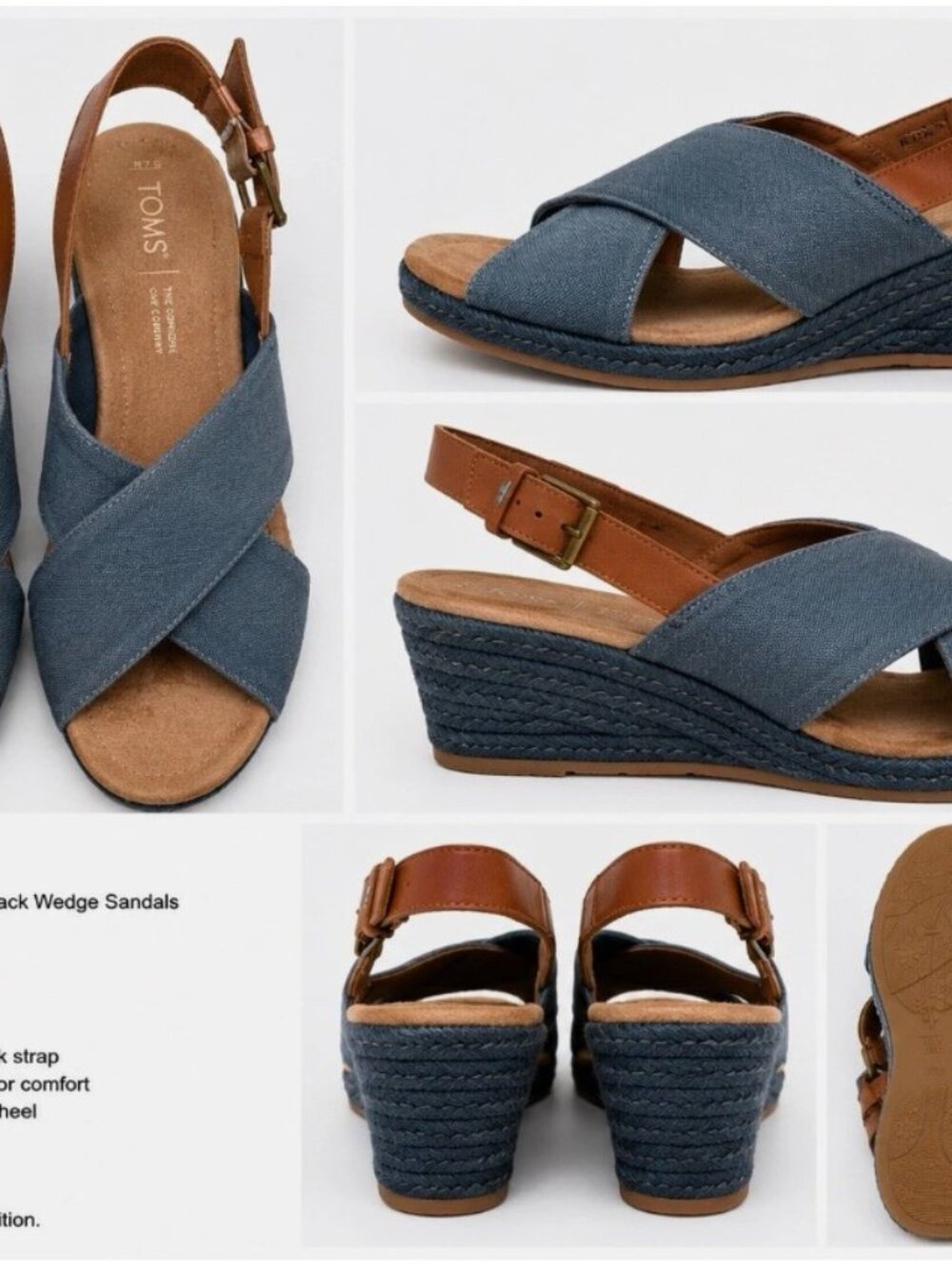 TOMS Women’s Blue Gray Canvas Criss Cross Espadrille Wedge Sandals W7.5